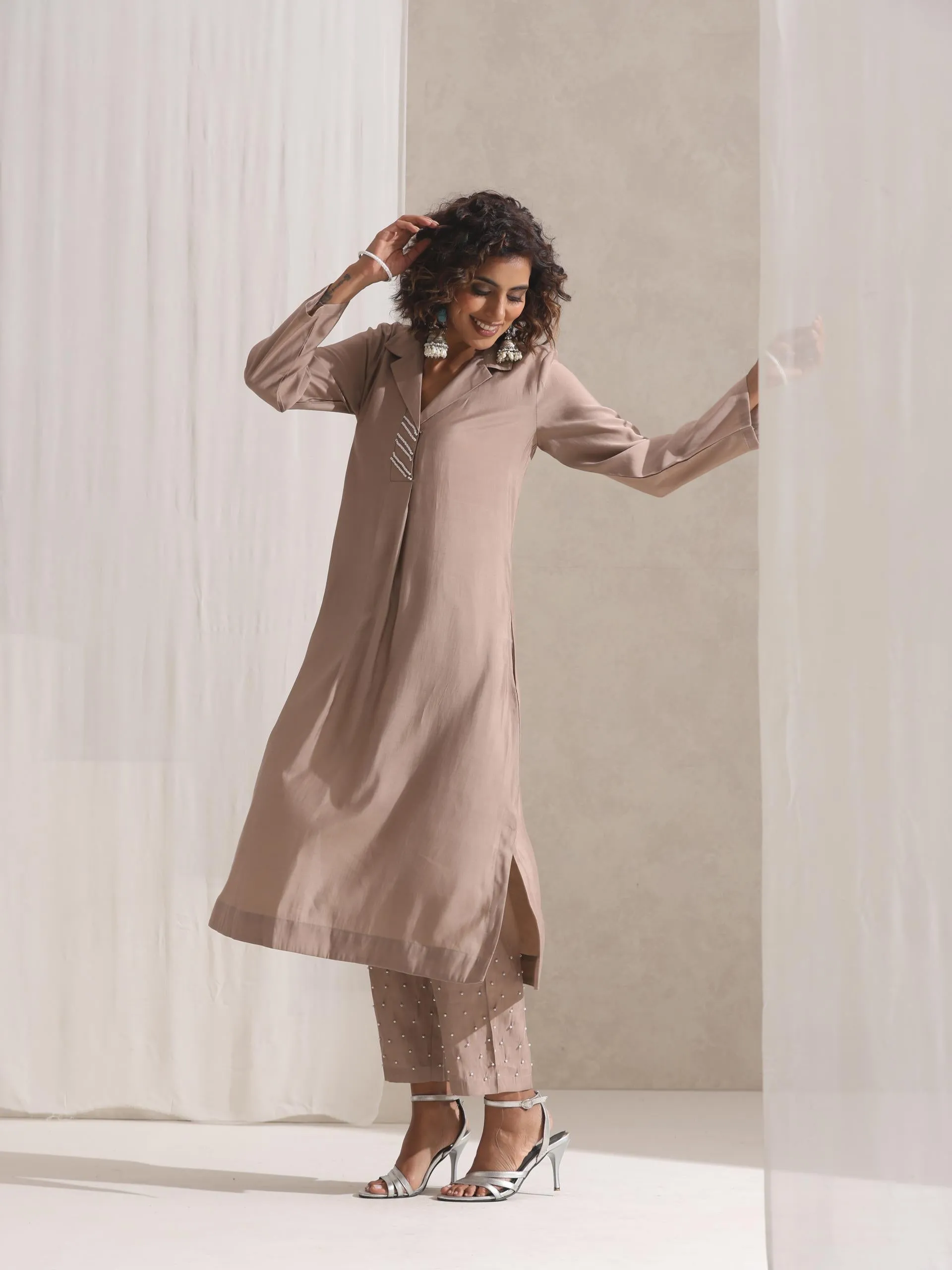 2 pc SET - Fawn Kurta and Pyjama with Pearl Embroidery