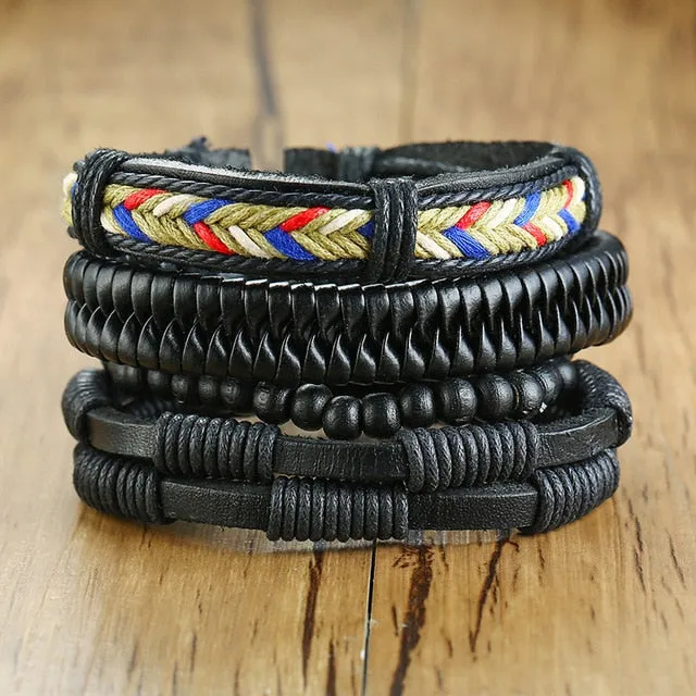 4 PieceSet Braided Wrap PU Leather Bracelets for Men Vintage Life Tree Rudder Charm Wood Beads Ethnic Tribal Style Wristbands