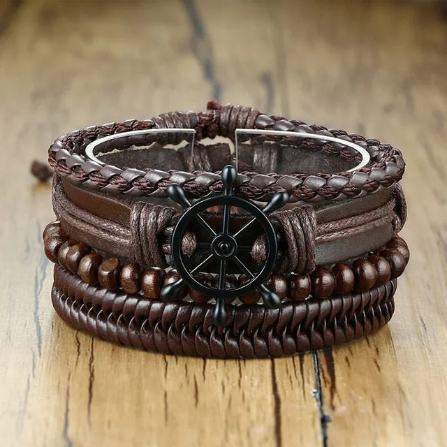 4 PieceSet Braided Wrap PU Leather Bracelets for Men Vintage Life Tree Rudder Charm Wood Beads Ethnic Tribal Style Wristbands