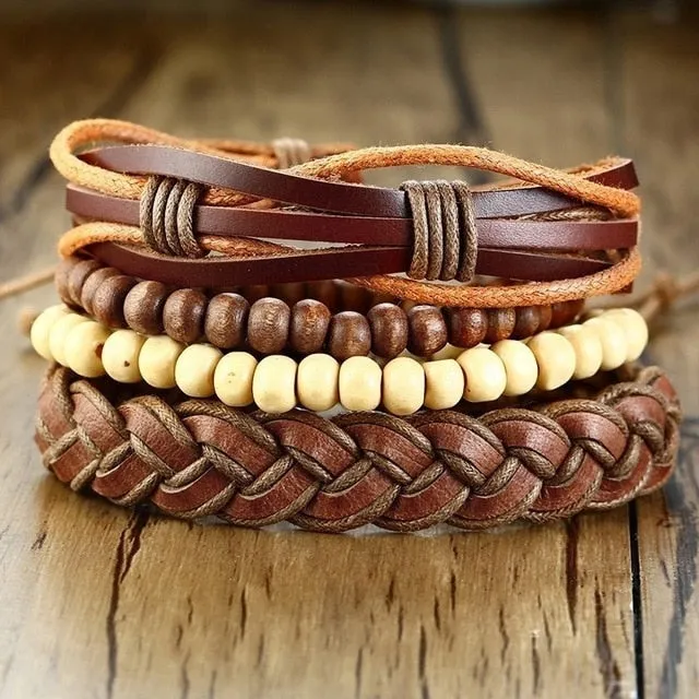 4 PieceSet Braided Wrap PU Leather Bracelets for Men Vintage Life Tree Rudder Charm Wood Beads Ethnic Tribal Style Wristbands