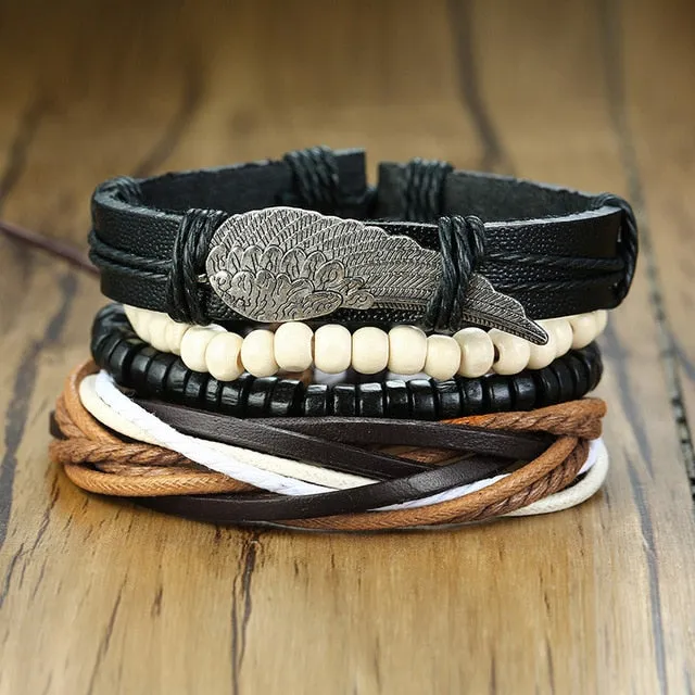 4 PieceSet Braided Wrap PU Leather Bracelets for Men Vintage Life Tree Rudder Charm Wood Beads Ethnic Tribal Style Wristbands