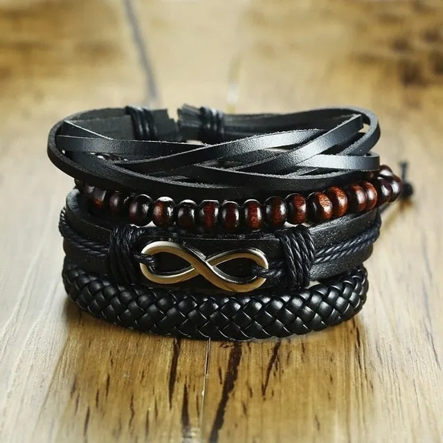 4 PieceSet Braided Wrap PU Leather Bracelets for Men Vintage Life Tree Rudder Charm Wood Beads Ethnic Tribal Style Wristbands