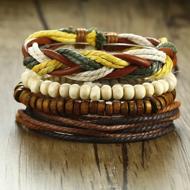 4 PieceSet Braided Wrap PU Leather Bracelets for Men Vintage Life Tree Rudder Charm Wood Beads Ethnic Tribal Style Wristbands