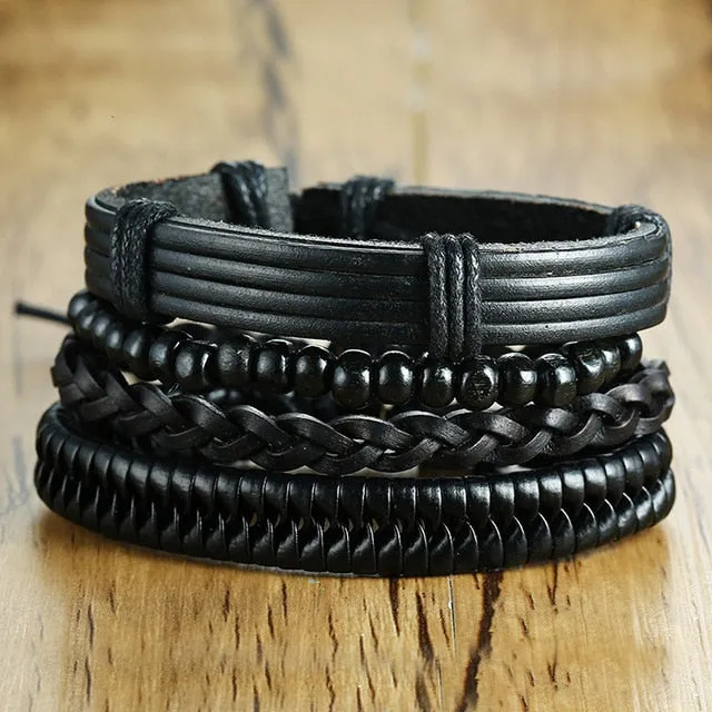 4 PieceSet Braided Wrap PU Leather Bracelets for Men Vintage Life Tree Rudder Charm Wood Beads Ethnic Tribal Style Wristbands