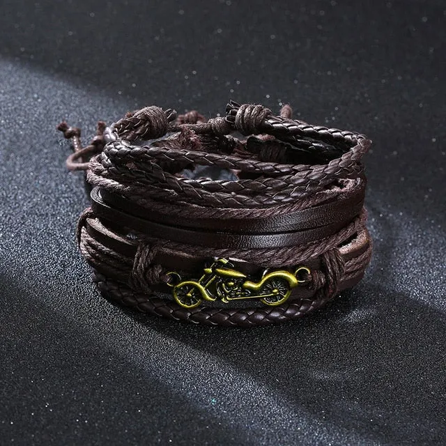 4 PieceSet Braided Wrap PU Leather Bracelets for Men Vintage Life Tree Rudder Charm Wood Beads Ethnic Tribal Style Wristbands