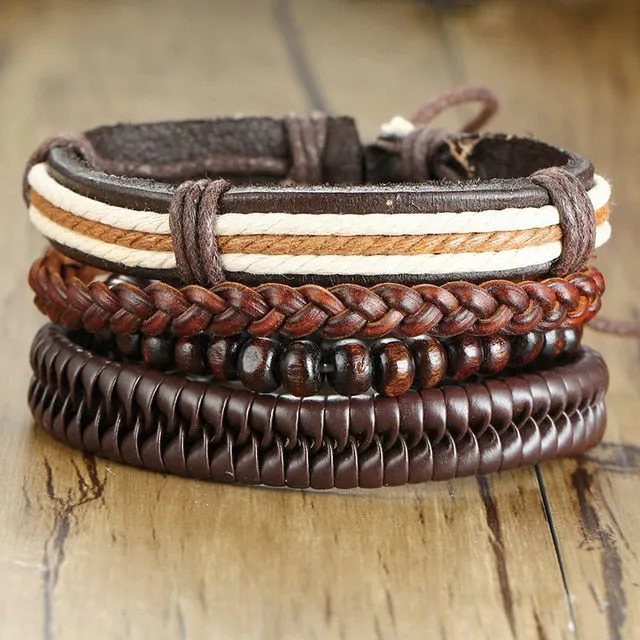 4 PieceSet Braided Wrap PU Leather Bracelets for Men Vintage Life Tree Rudder Charm Wood Beads Ethnic Tribal Style Wristbands