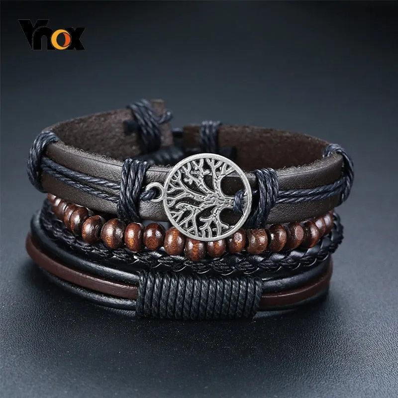 4 PieceSet Braided Wrap PU Leather Bracelets for Men Vintage Life Tree Rudder Charm Wood Beads Ethnic Tribal Style Wristbands