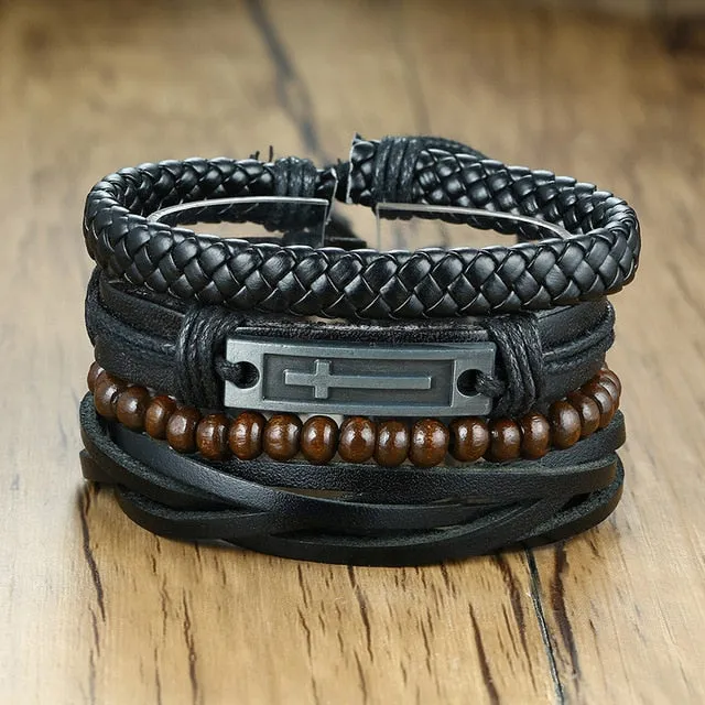 4 PieceSet Braided Wrap PU Leather Bracelets for Men Vintage Life Tree Rudder Charm Wood Beads Ethnic Tribal Style Wristbands