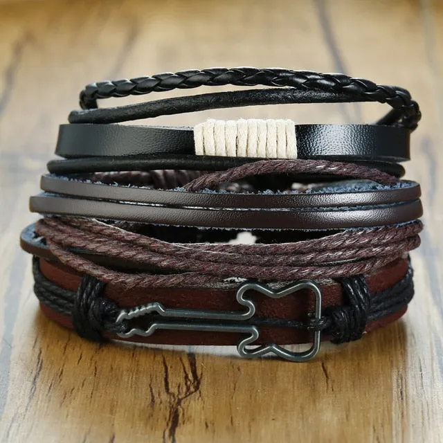 4 PieceSet Braided Wrap PU Leather Bracelets for Men Vintage Life Tree Rudder Charm Wood Beads Ethnic Tribal Style Wristbands