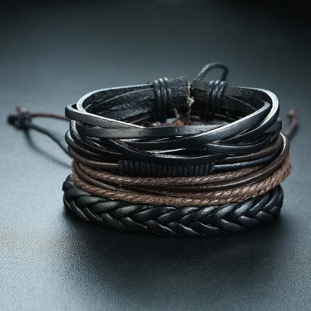 4 PieceSet Braided Wrap PU Leather Bracelets for Men Vintage Life Tree Rudder Charm Wood Beads Ethnic Tribal Style Wristbands