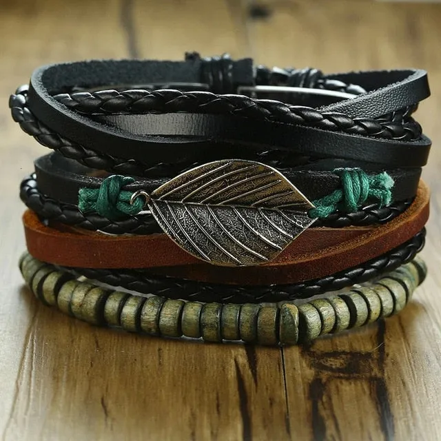 4 PieceSet Braided Wrap PU Leather Bracelets for Men Vintage Life Tree Rudder Charm Wood Beads Ethnic Tribal Style Wristbands