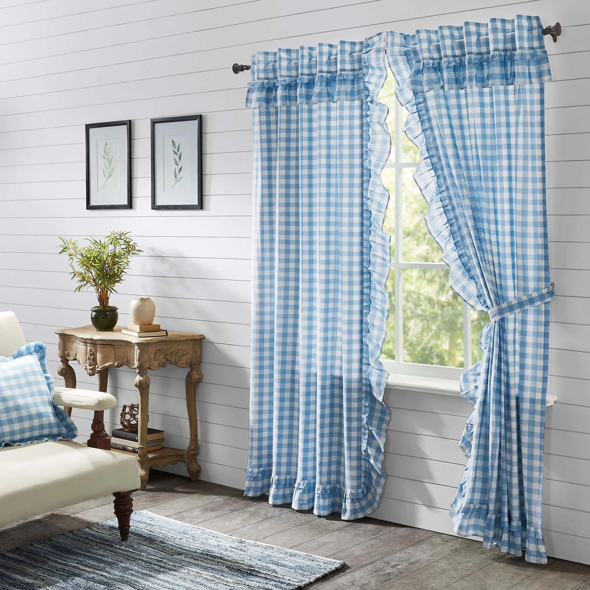 Annie Buffalo Blue Check Ruffled Panel Set of 2 84x40