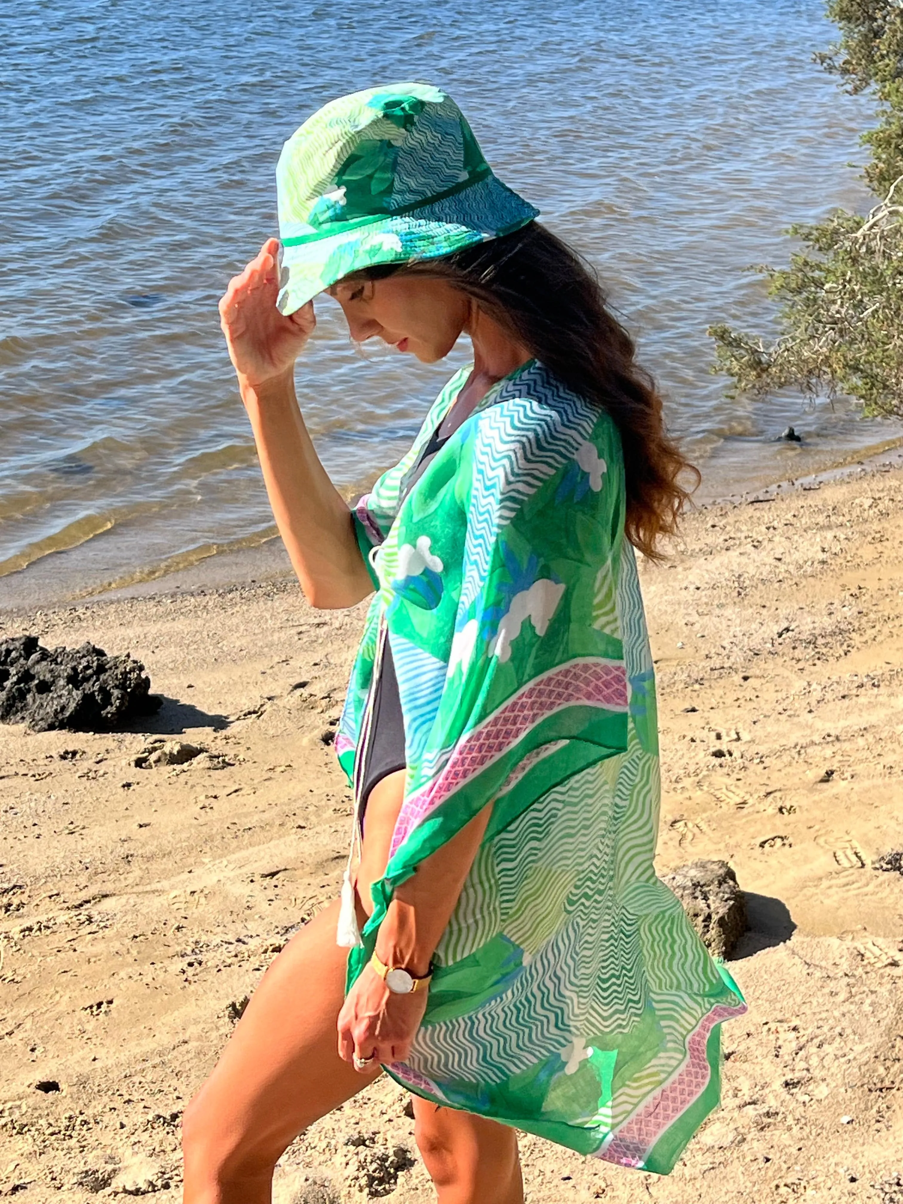 Beach Kimono and Bucket Hat Combo - Green