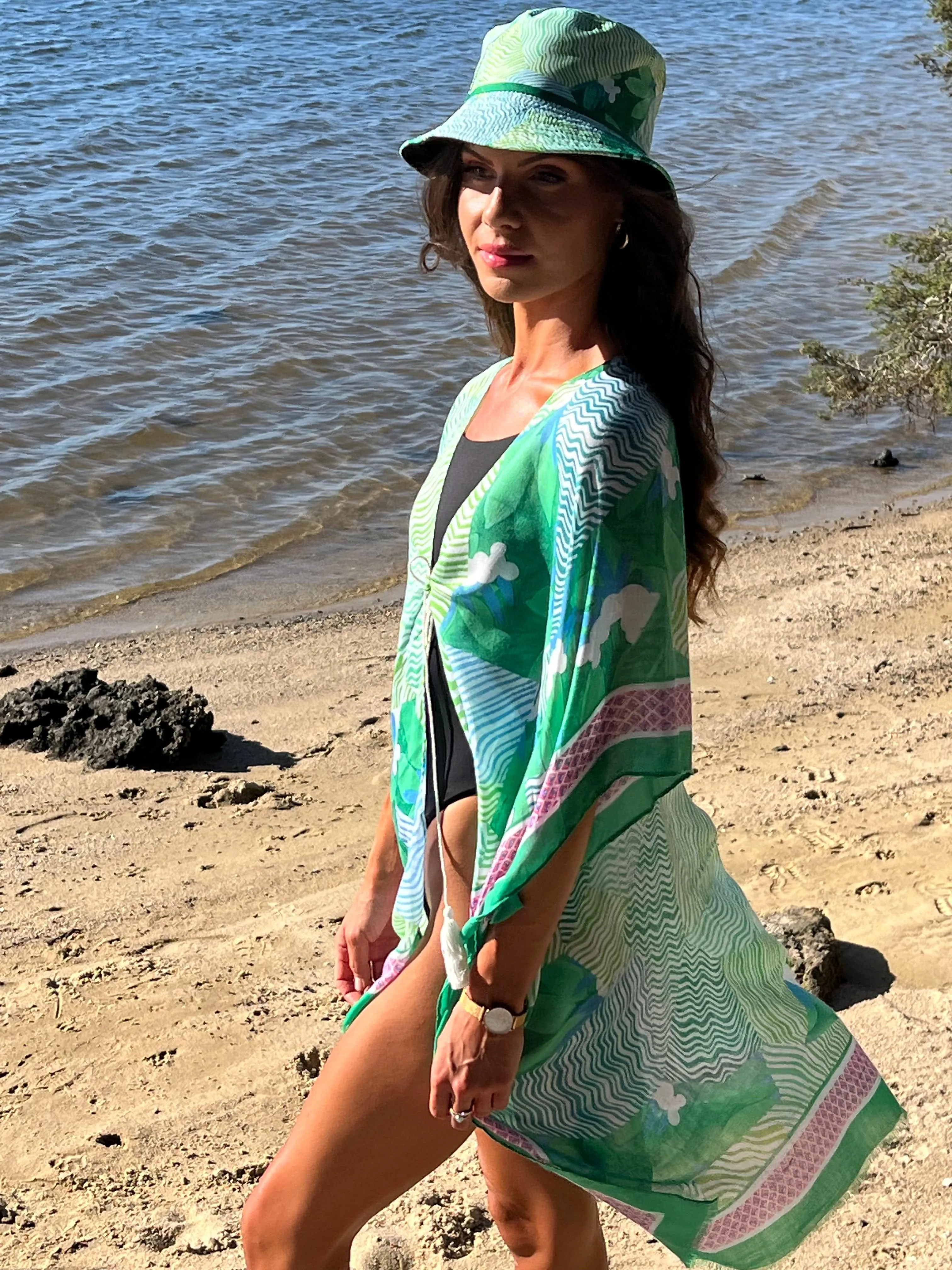 Beach Kimono and Bucket Hat Combo - Green