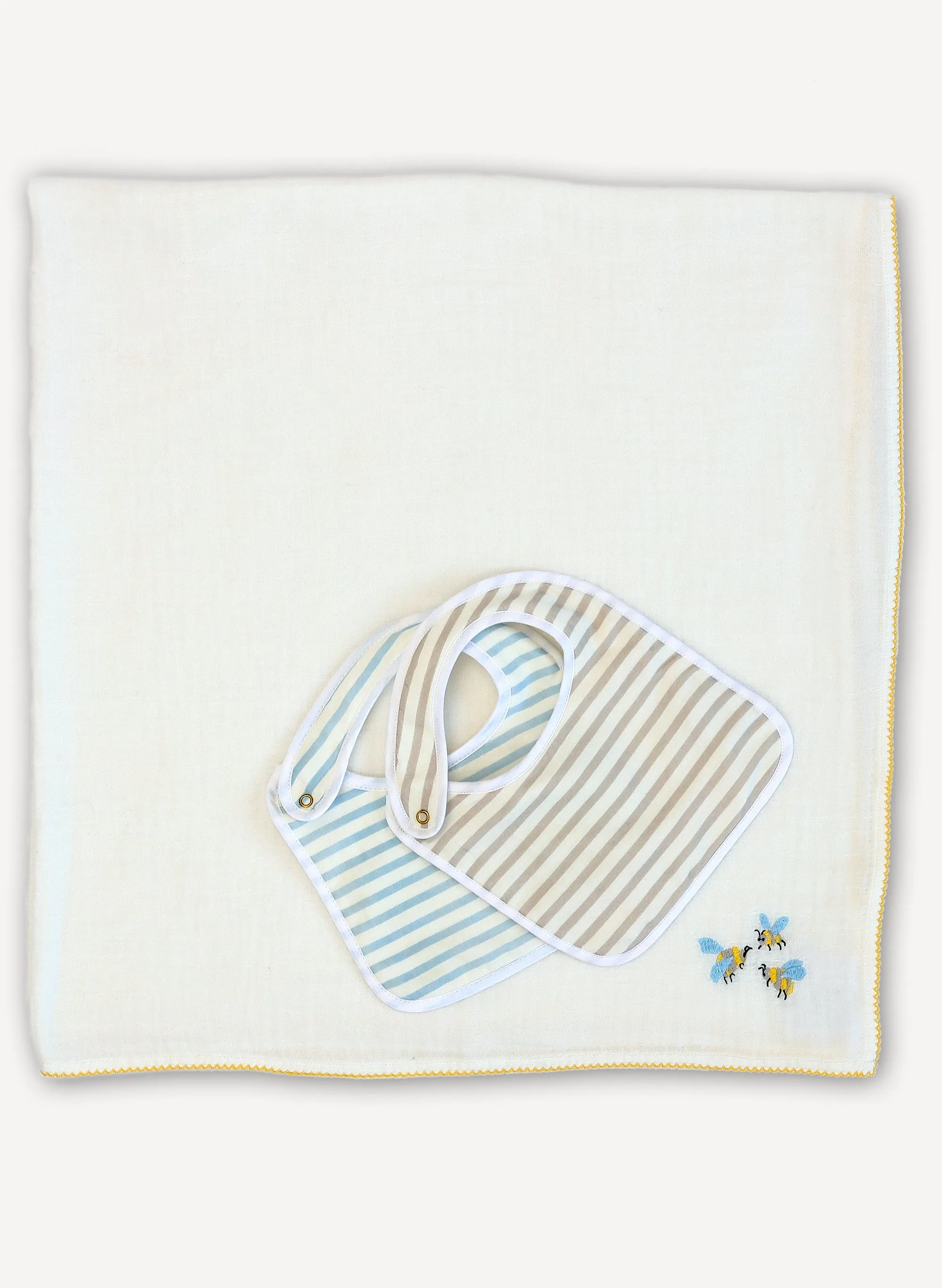 Bees and Stripes Bib and Shawl Blanket Set