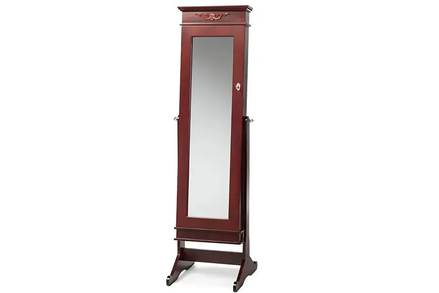 Bimini Brown Finish Wood Crown Molding Top Free Standing Full Length Cheval Mirror Jewelry Armoire