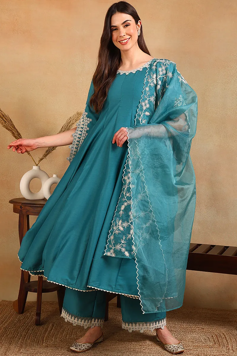 Blue Silk Blend Solid Embroidered Flared Suit Set