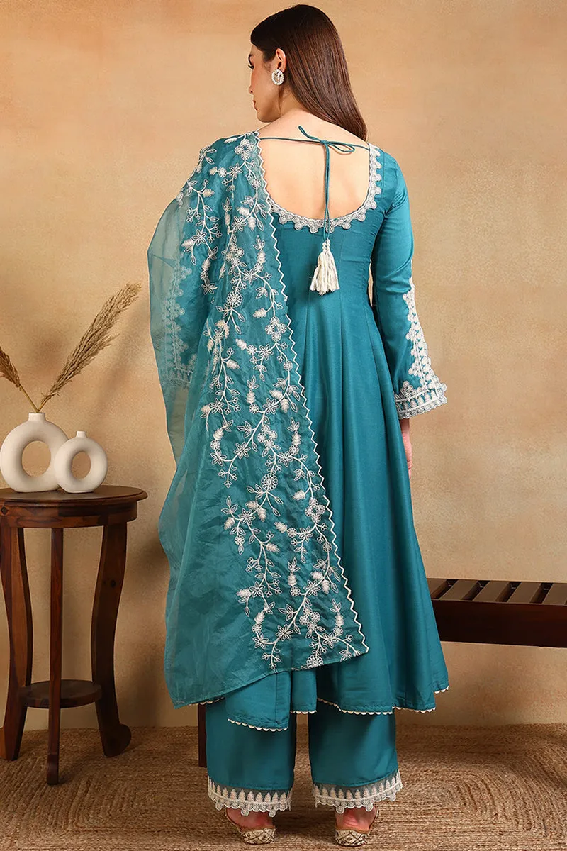 Blue Silk Blend Solid Embroidered Flared Suit Set