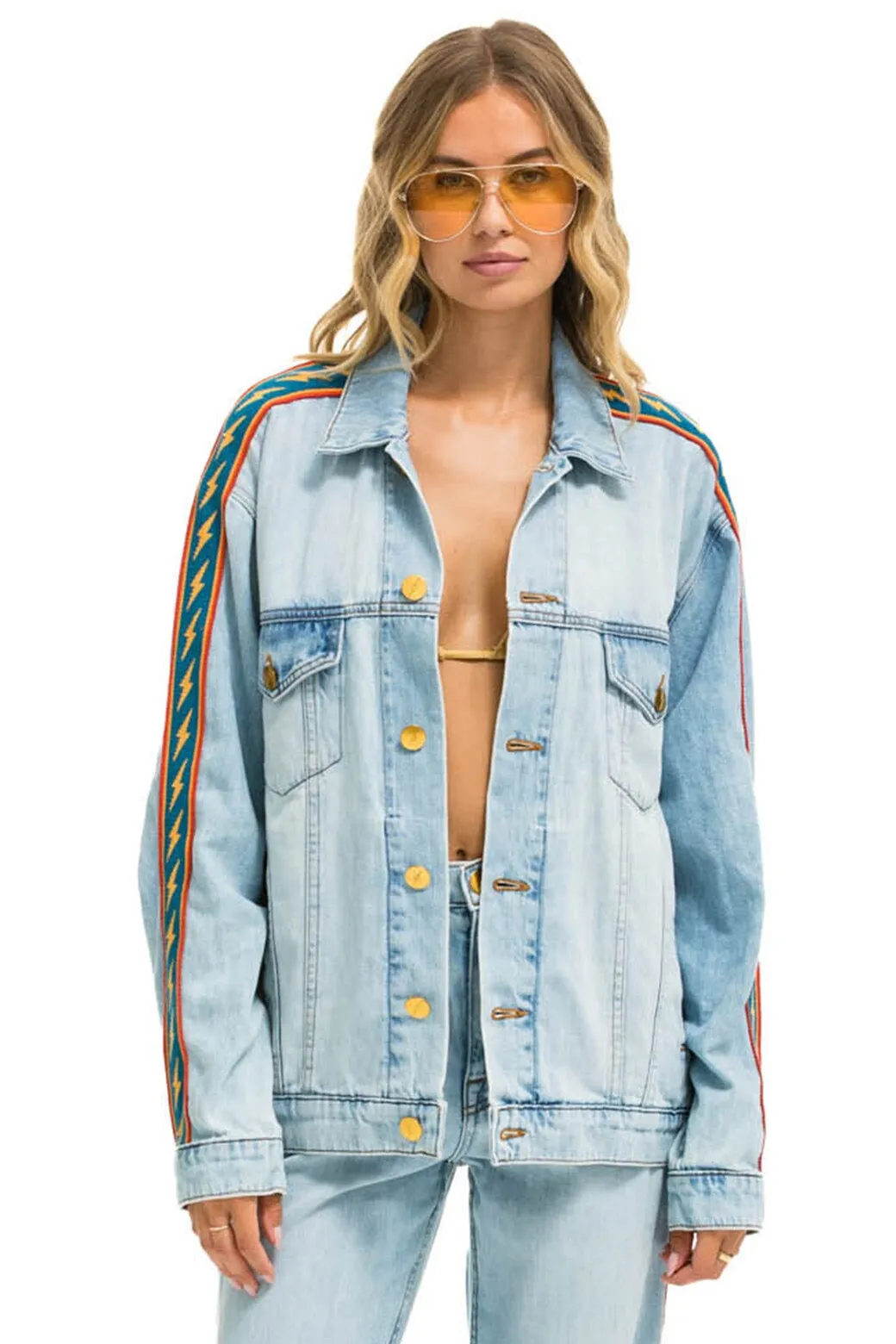 BOLT STRIPE OVERSIZED CONCERT DENIM JACKET - SUPER LIGHT