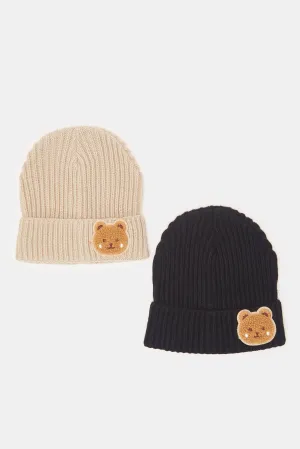 Boys Beige And Black Knitted Cap Set (2 Piece)