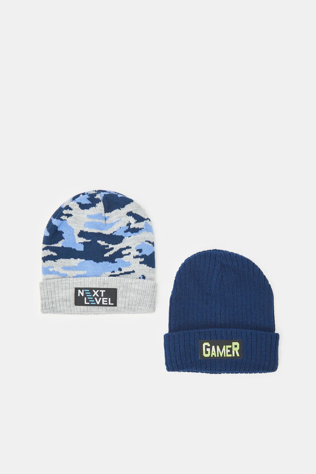 Boys Navy And Grey Knitted Cap Set (2 Piece)