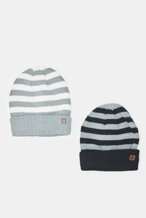 Boys Navy And Grey Striped Knitted Cap Set (2 Piece)