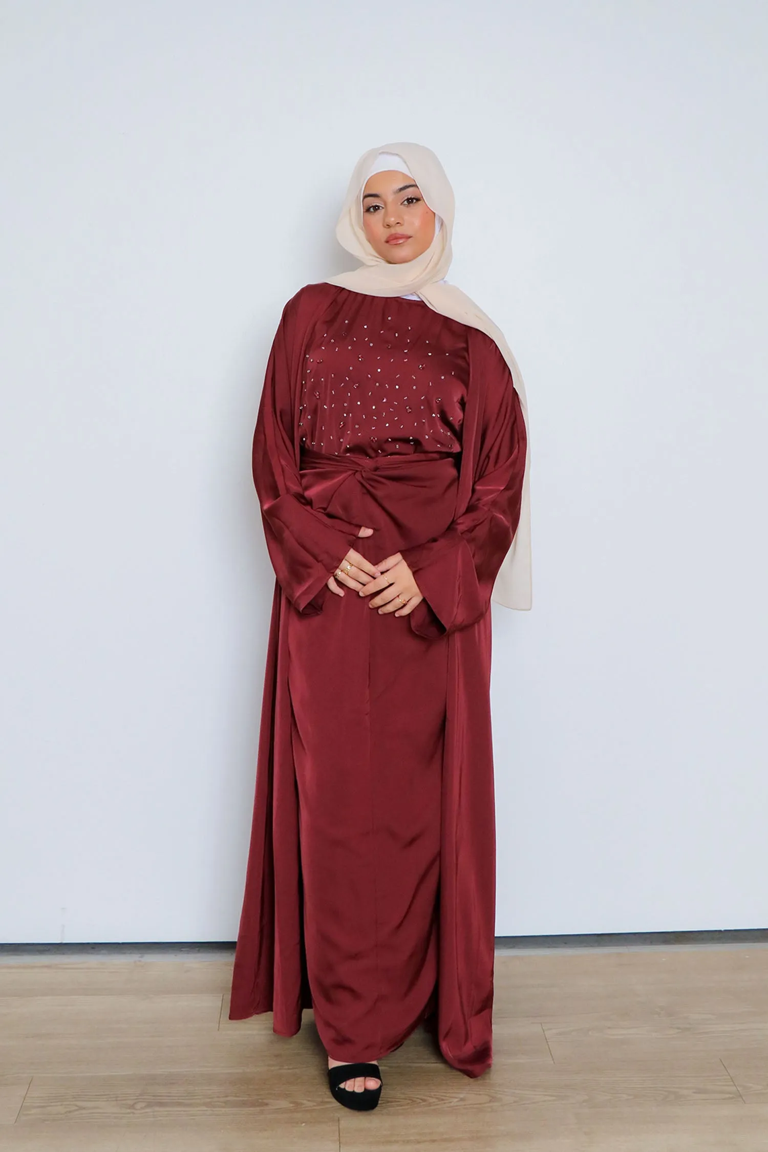 Celene Beaded Wrap Abaya Set- Burnt Sienna