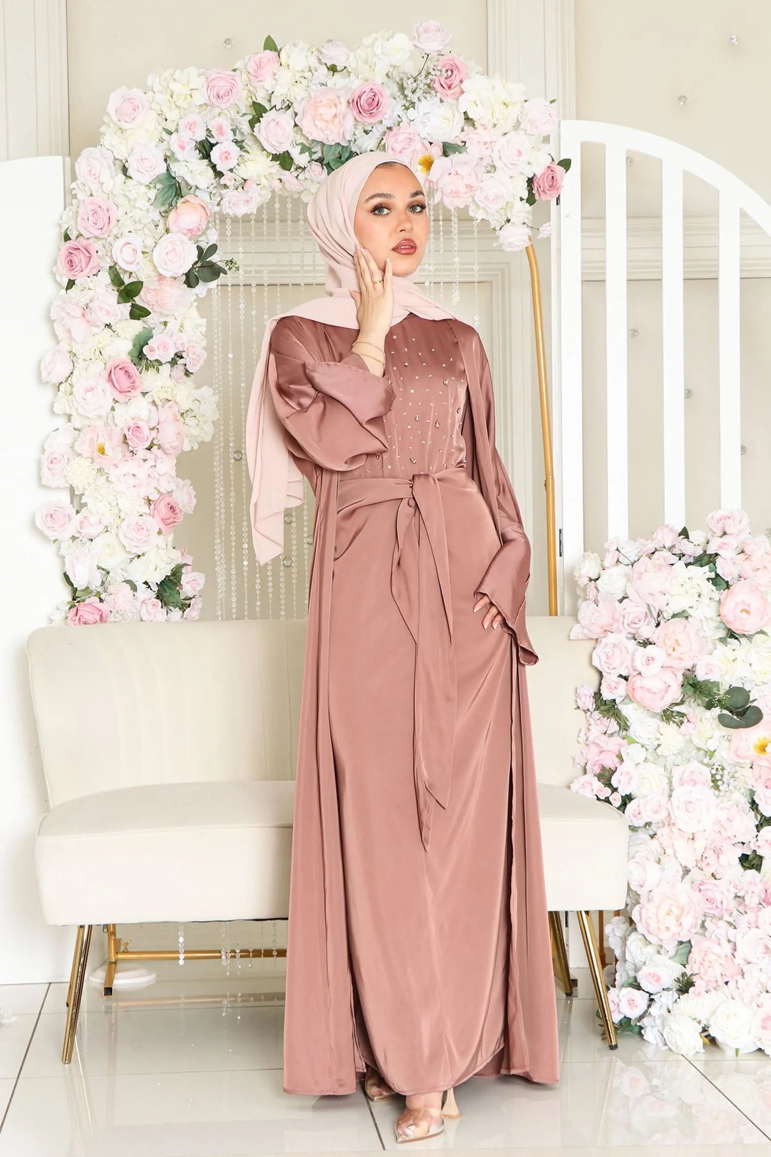 Celene Beaded Wrap Abaya Set- Nude Pink