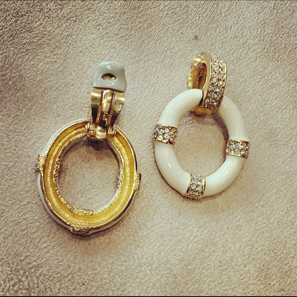 Ciner White enamel hoop clip on earrings