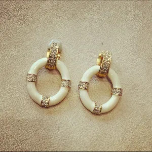 Ciner White enamel hoop clip on earrings