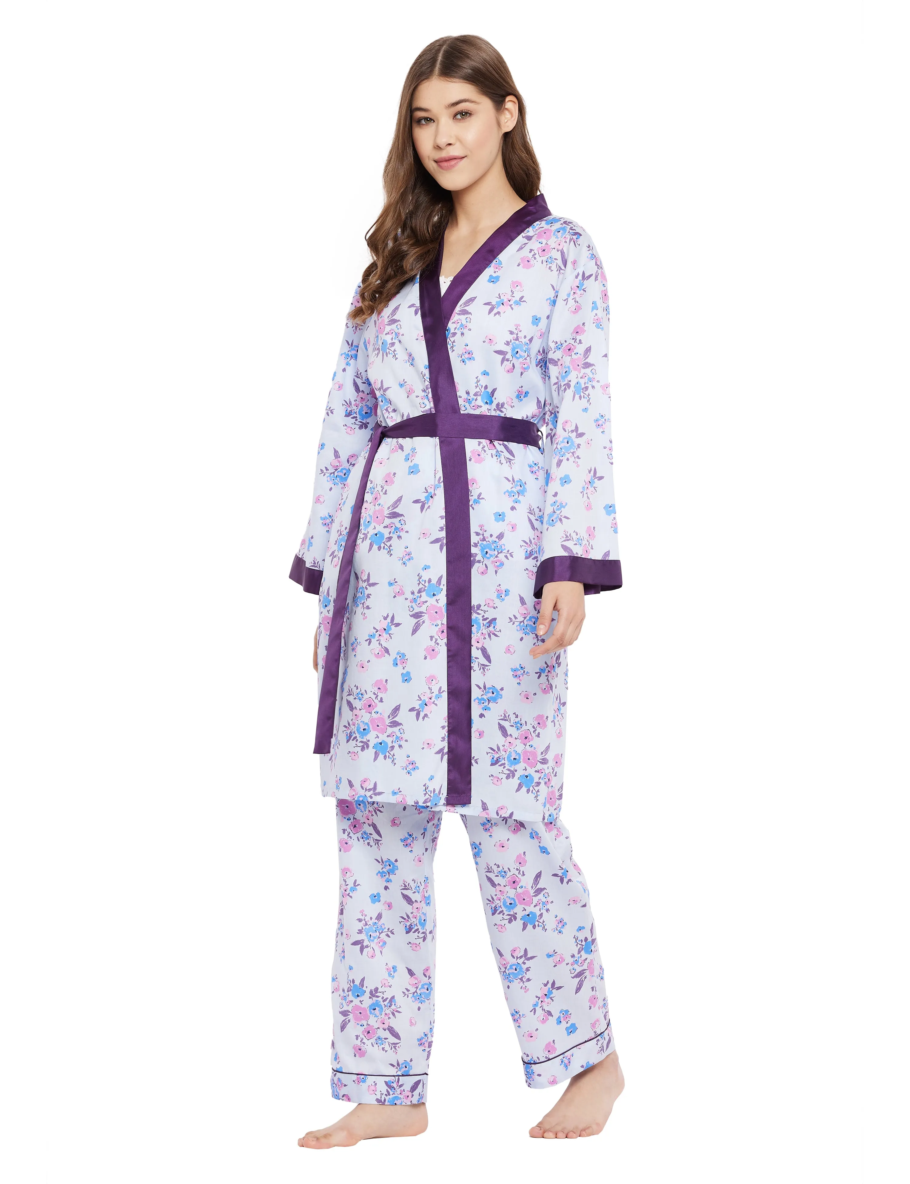 Cotton Satin Printed Robe Top Pyjama Set of 3