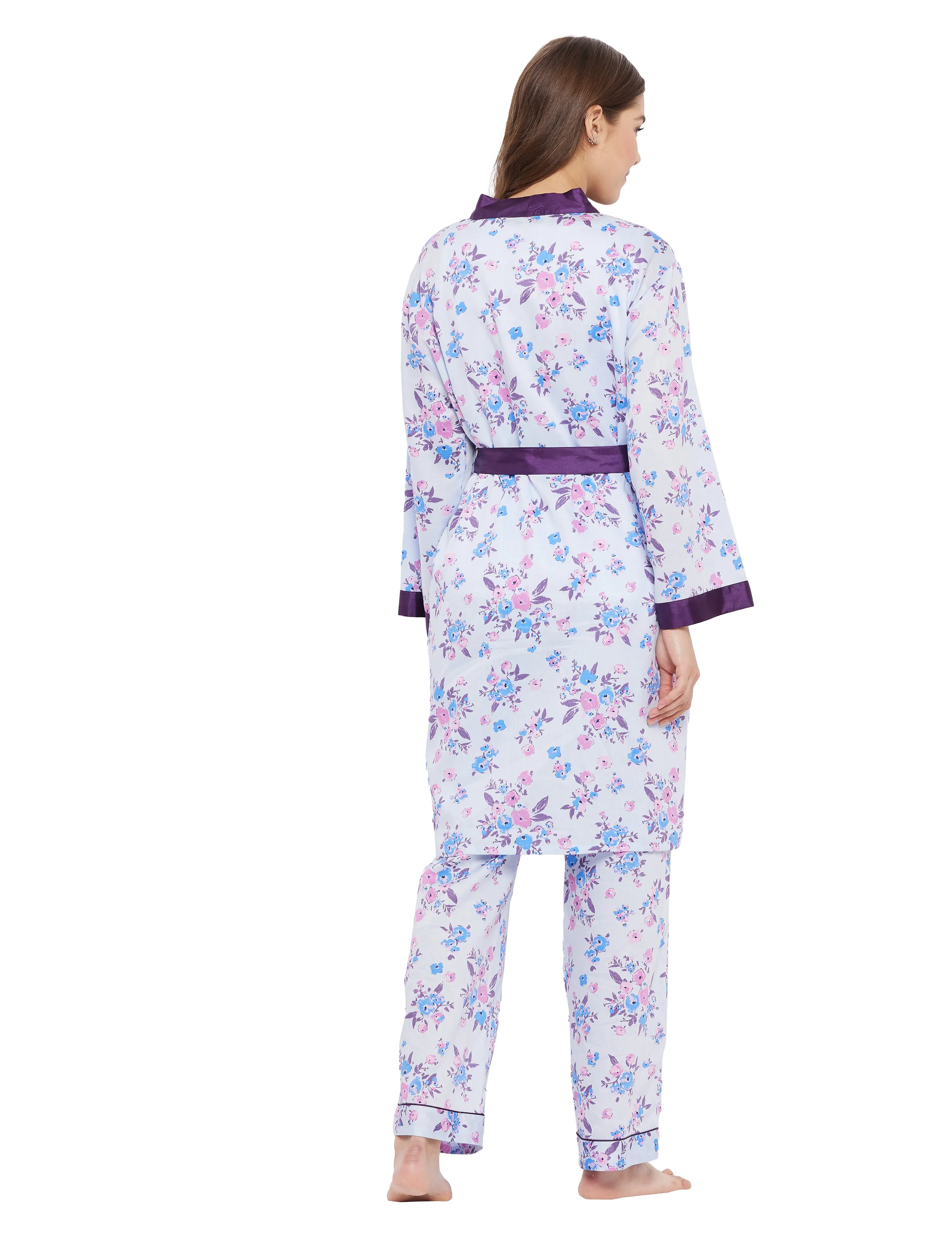 Cotton Satin Printed Robe Top Pyjama Set of 3