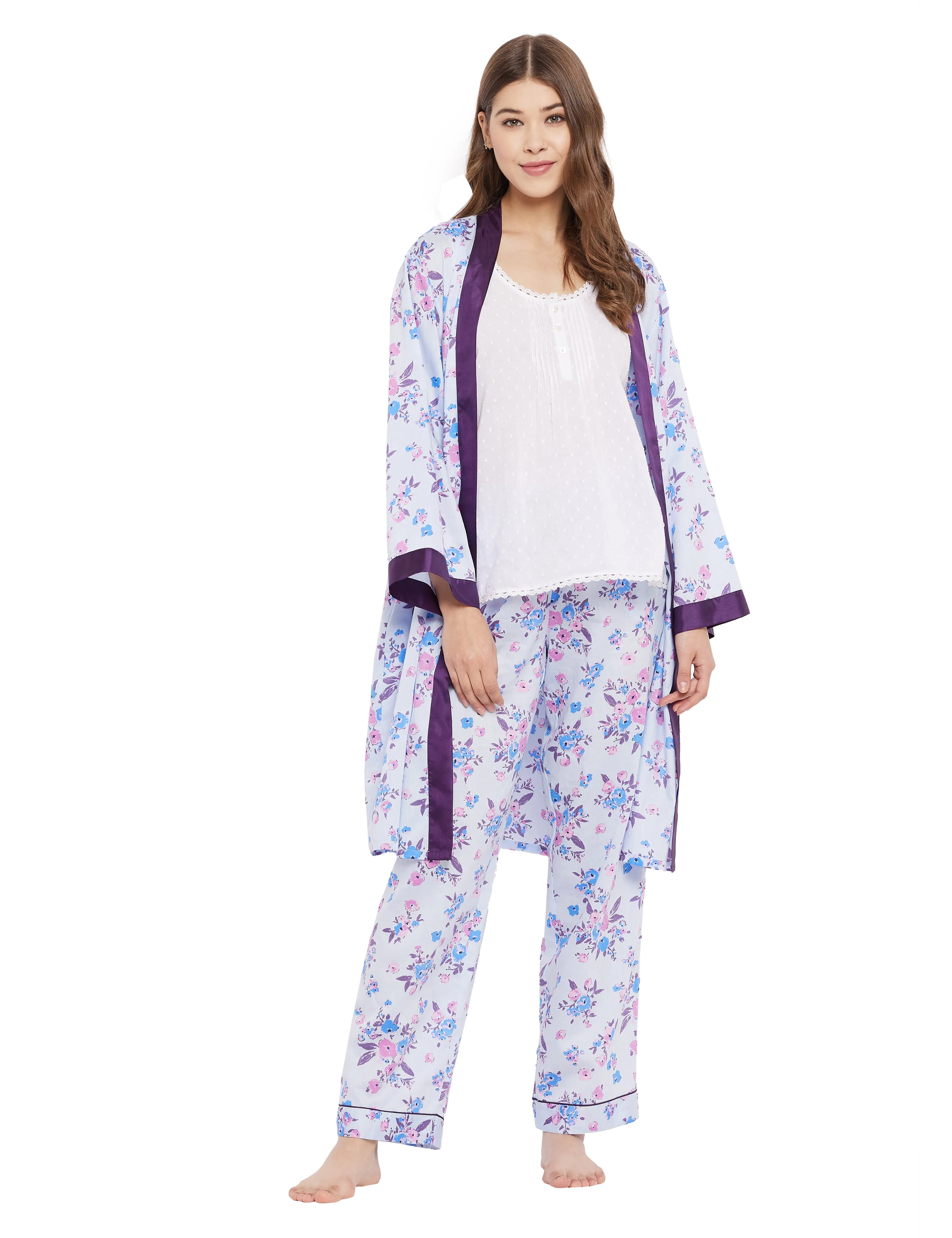 Cotton Satin Printed Robe Top Pyjama Set of 3