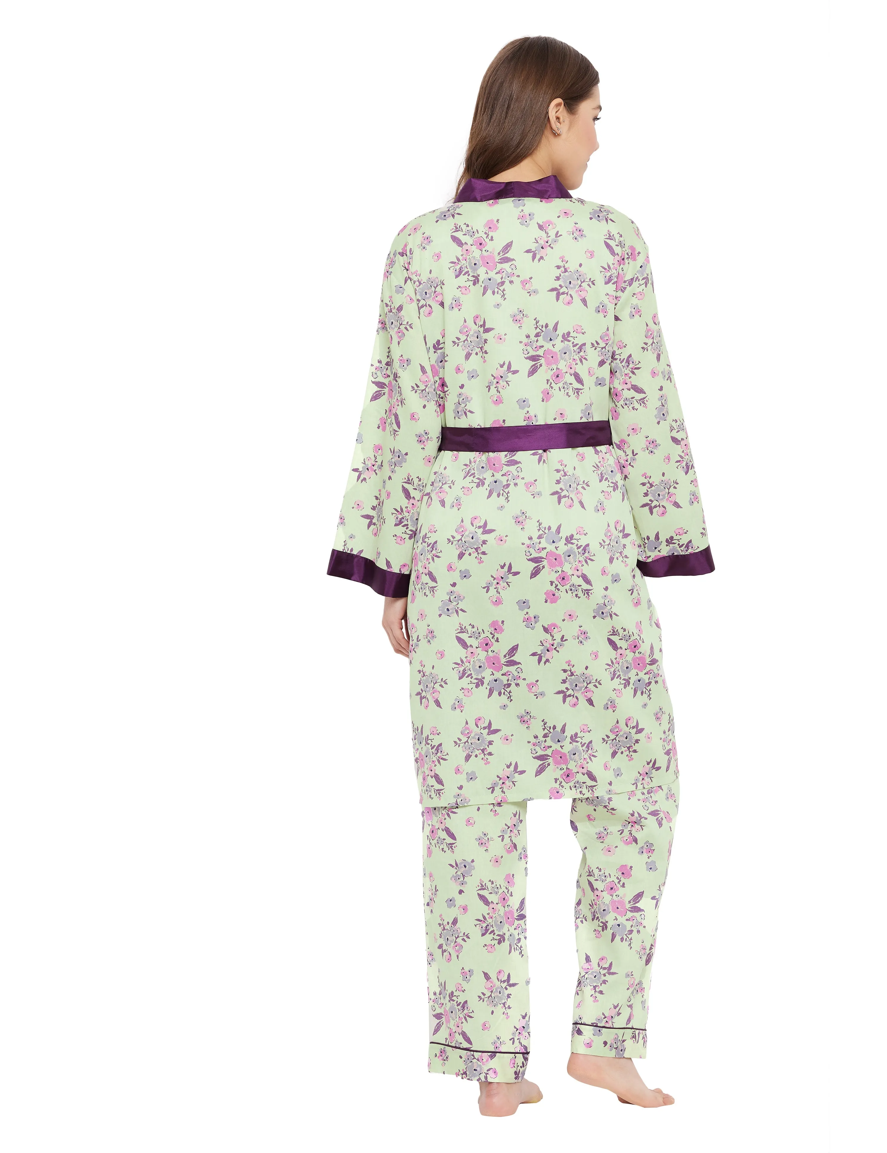 Cotton Satin Printed Robe Top Pyjama Set of 3