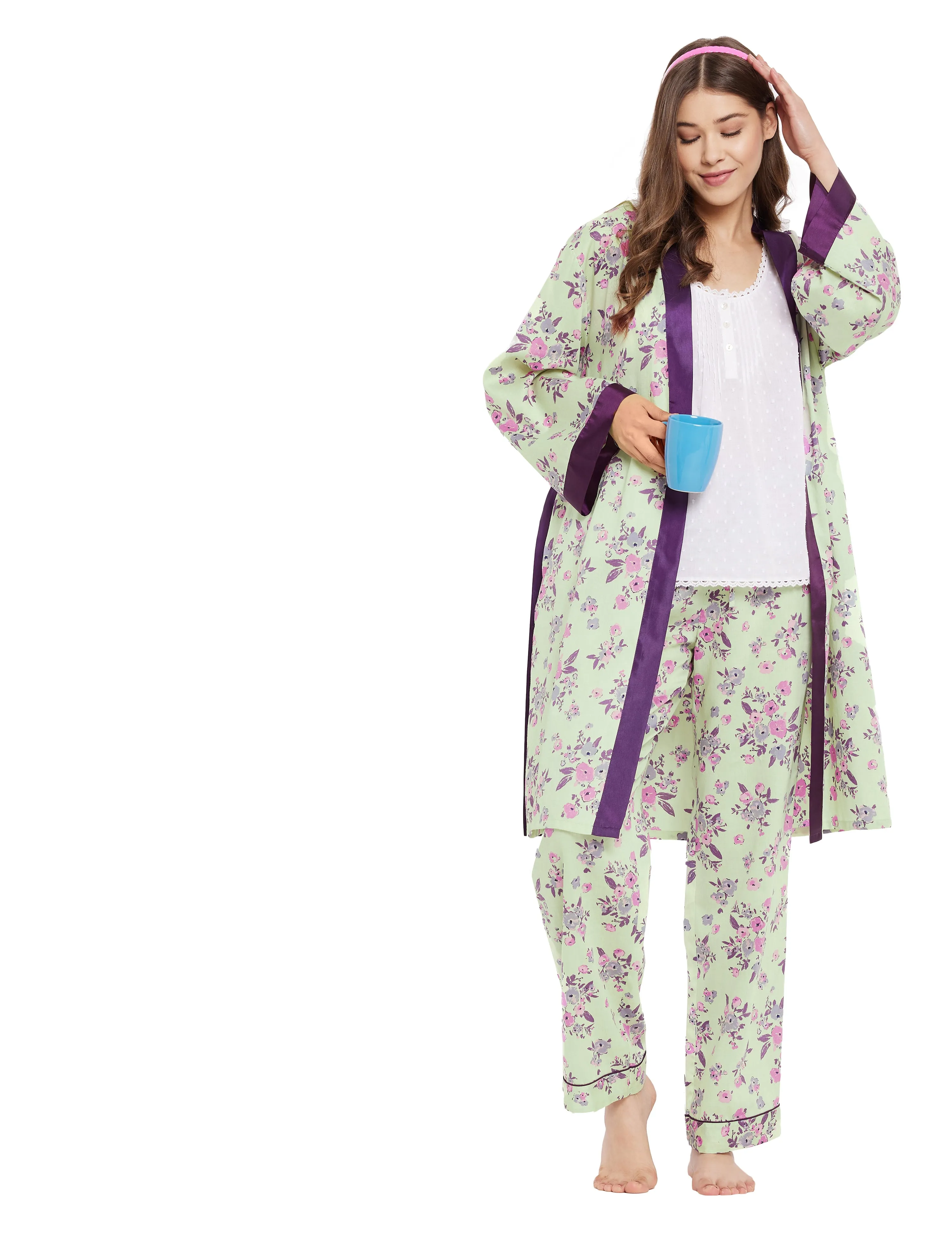 Cotton Satin Printed Robe Top Pyjama Set of 3