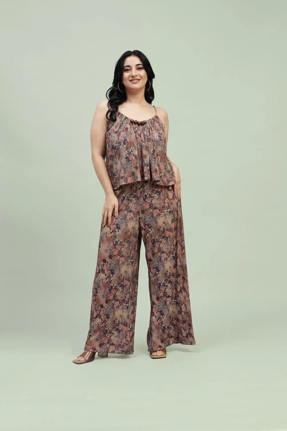 Curvy Lane Women Plus Size Floral Noodle Straps Top and Palazzo Set