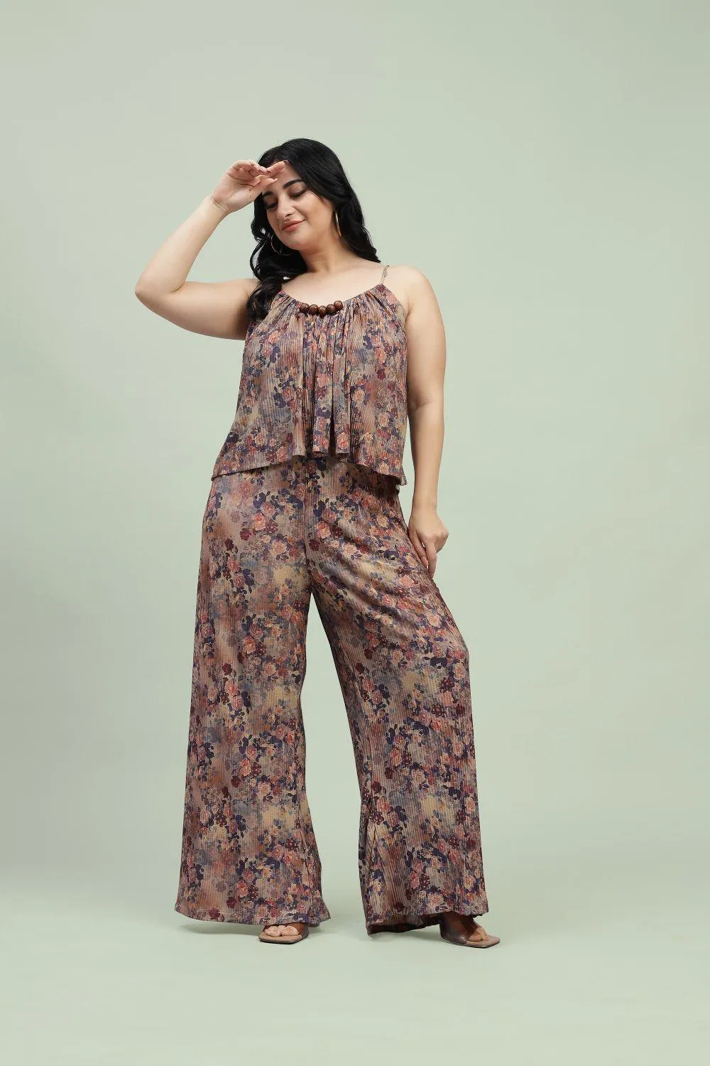 Curvy Lane Women Plus Size Floral Noodle Straps Top and Palazzo Set