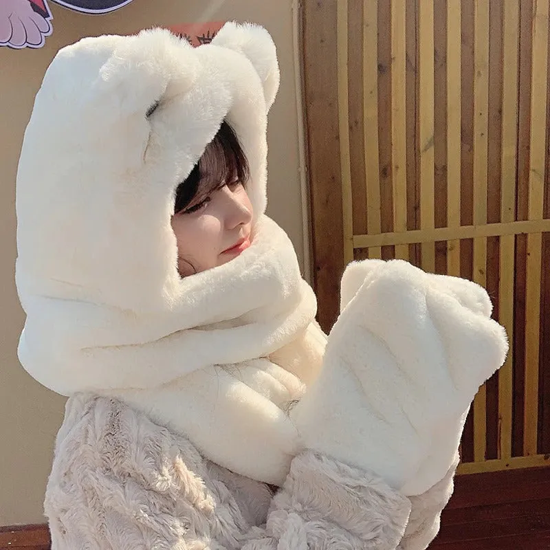 Cute Winter Plush Hooded  Bear Ear Hat and Scarf Sets