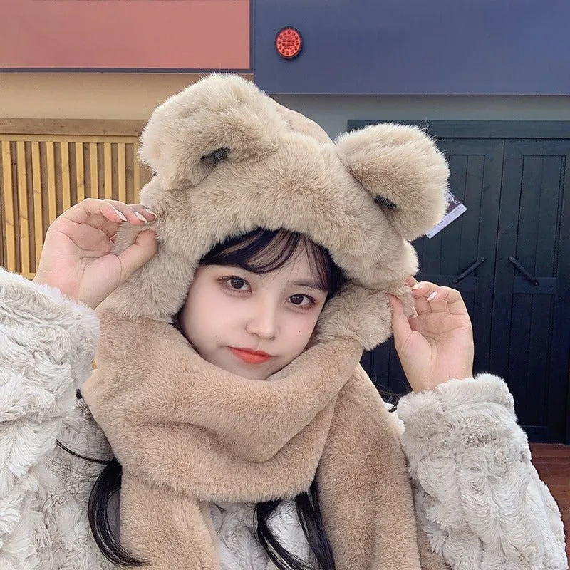 Cute Winter Plush Hooded  Bear Ear Hat and Scarf Sets