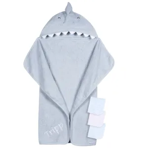 Embroidered 4-Piece Baby Boys Blue Shark Towel & Washcloths Set