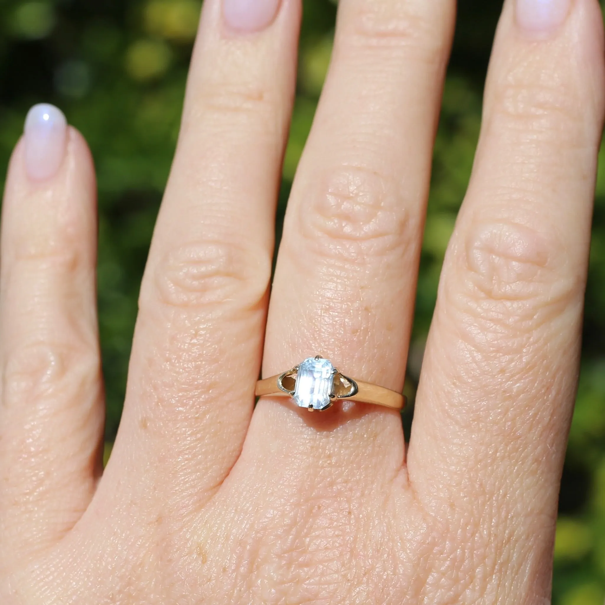 Emerald Cut Pale Blue Topaz in High Shouldered Claw Set Ring, 9ct Yellow Gold, size R or nearly 8.75