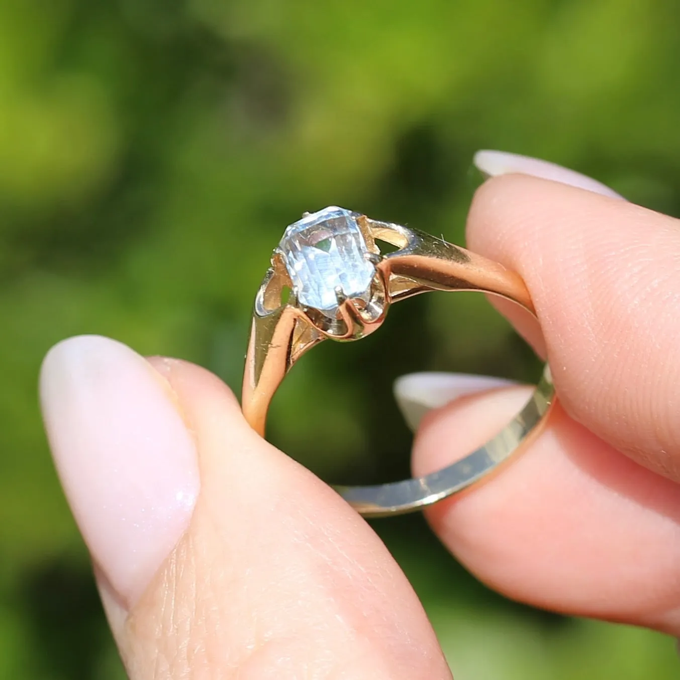 Emerald Cut Pale Blue Topaz in High Shouldered Claw Set Ring, 9ct Yellow Gold, size R or nearly 8.75