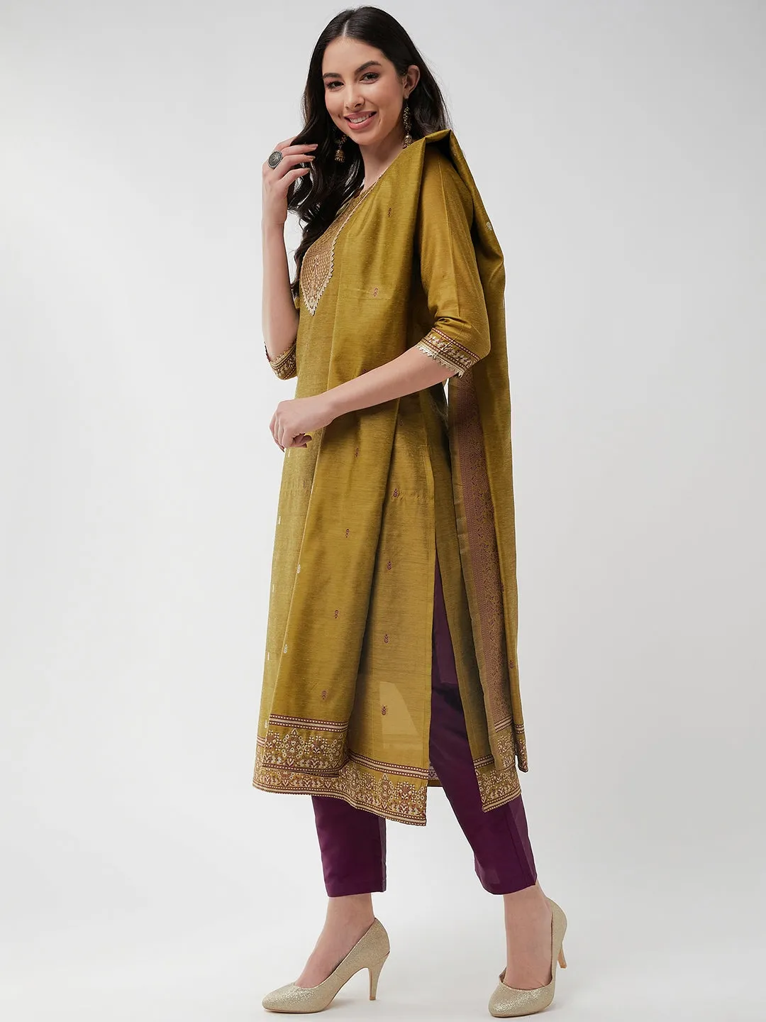 Festive Jacquard Neck Patch Kurta With Dupatta And Matching Pants