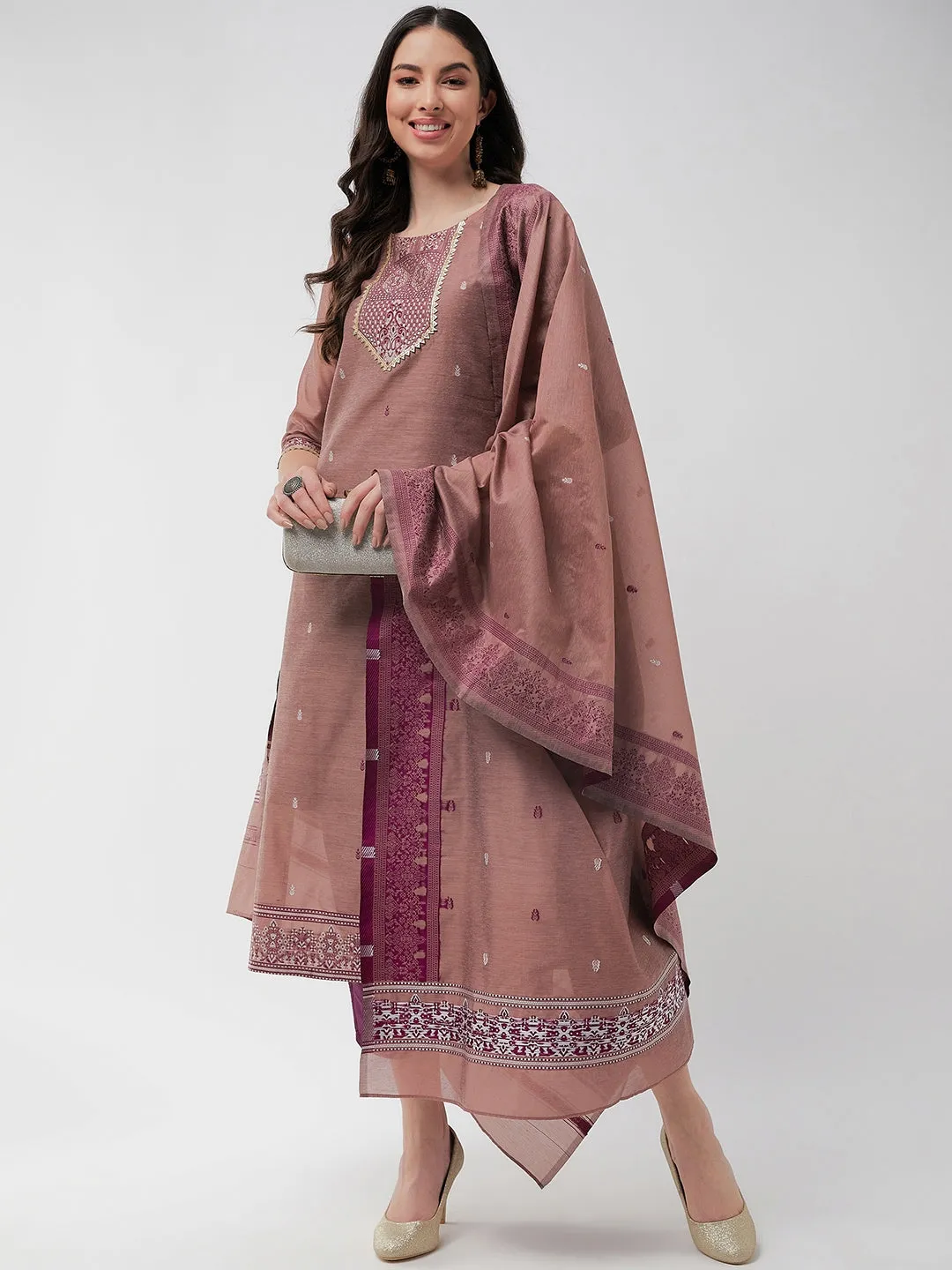 Festive Jacquard Neck Patch Kurta With Dupatta And Matching Pants