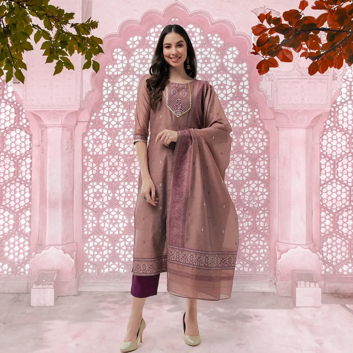 Festive Jacquard Neck Patch Kurta With Dupatta And Matching Pants