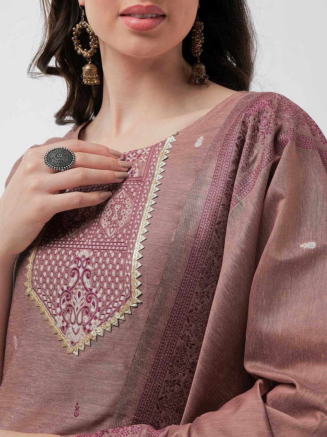 Festive Jacquard Neck Patch Kurta With Dupatta And Matching Pants