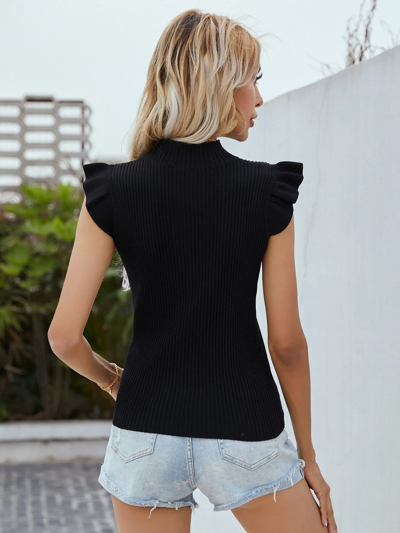 Flutter Sleeve Mock Neck Ribbed Top