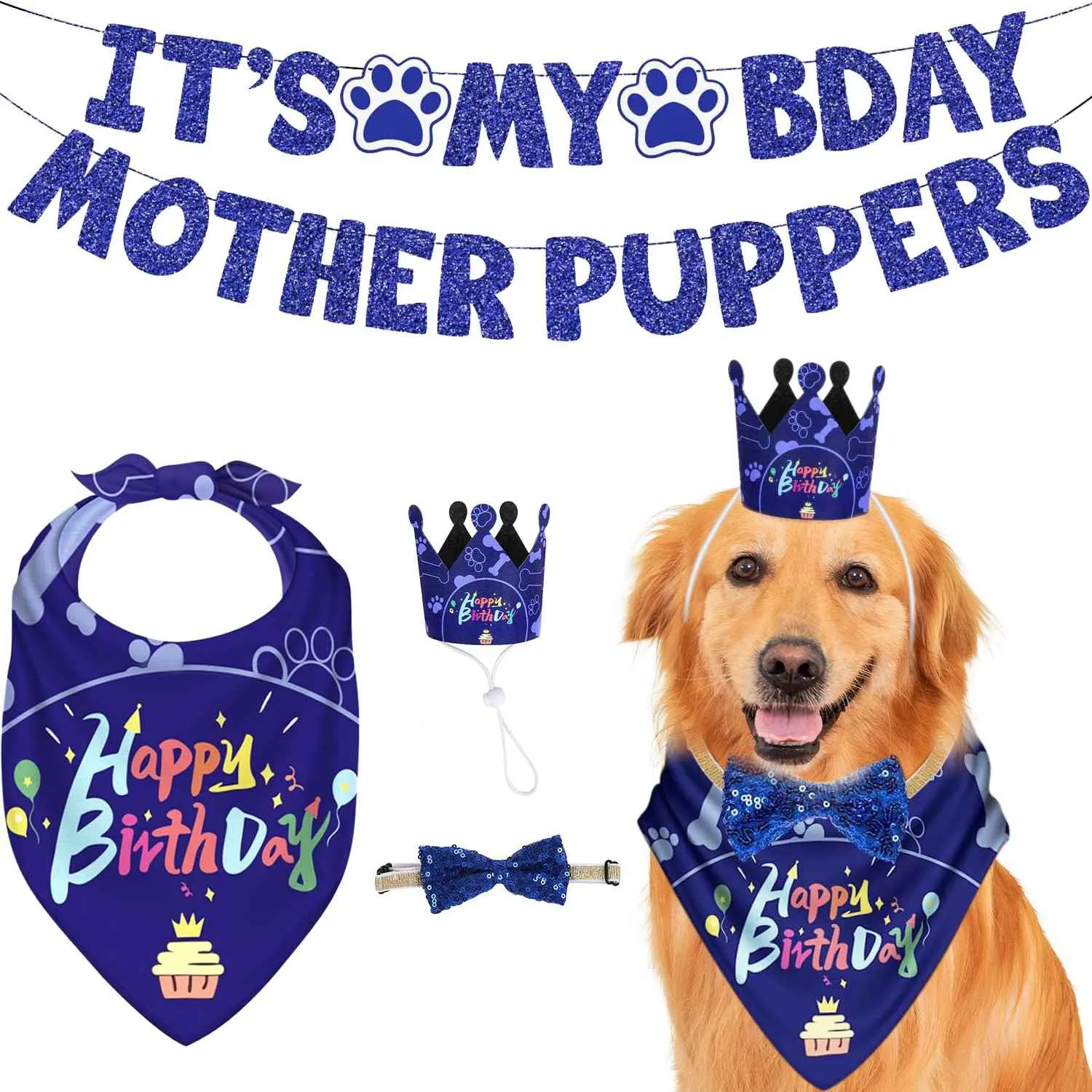 Fresh Fab Finds Dog Birthday Bandana Hat Set Dog Birthday Party Supplies Cute Dog Birthday Banner Decoration with Hat Bandana Bowtie