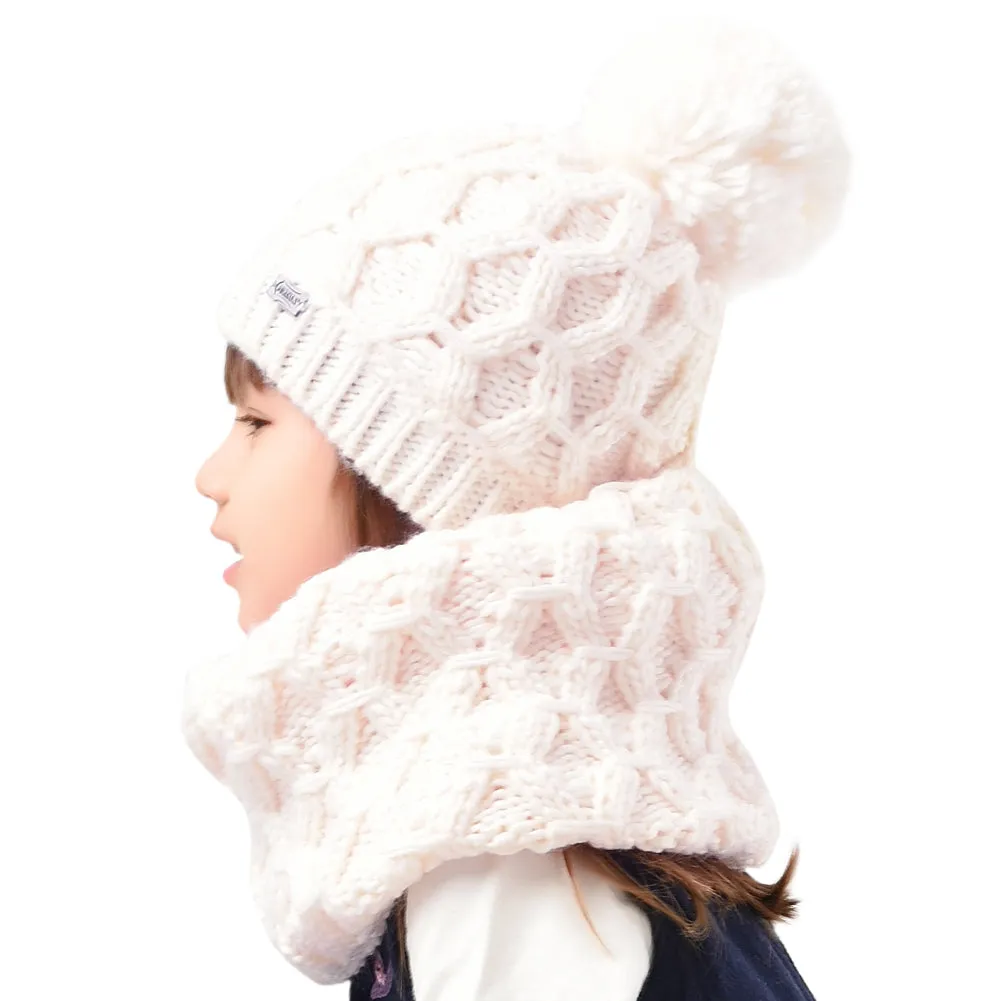 FURTALK Kids Winter Yarn Pom Pom Hat Scarf Set Diamond Pattern Drop Shipping SFFW032