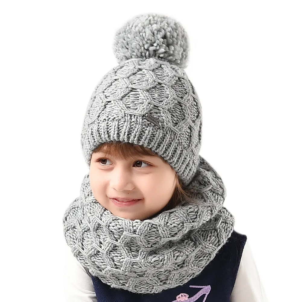 FURTALK Kids Winter Yarn Pom Pom Hat Scarf Set Diamond Pattern Drop Shipping SFFW032